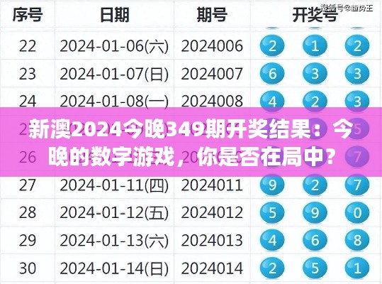 新澳2024今晚349期开奖结果：今晚的数字游戏，你是否在局中？